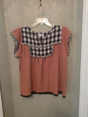 THML Mixed Media Black White Gingham Fringe Boho Blouse Shirt L EUC